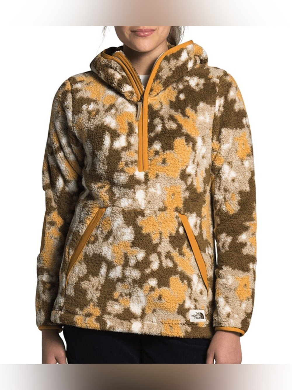 The North Face Floral Sherpa Pullover Hoodie - Yellow, Brown & Cream